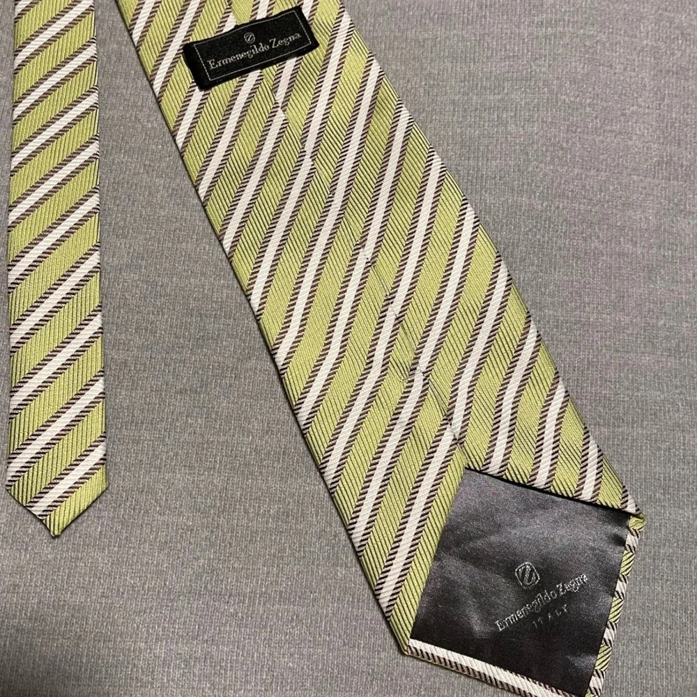 Ermenegildo Zegna Silk Blend Striped Necktie‎ Lime Green Brown White Suit Tie